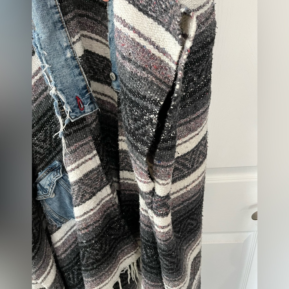Boho Baja Poncho Sweater with Denim Trim & Fringe | Oversized Blanket Cardigan - Picture 4 of 6